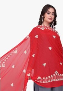 JF Souk chiffon embroidered dupatta with stone work and pom pom lace border for women