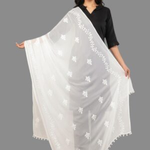JF Souk Premium Chiffon Dupatta with Floral Thread Embroidery and Pom-Pom Border